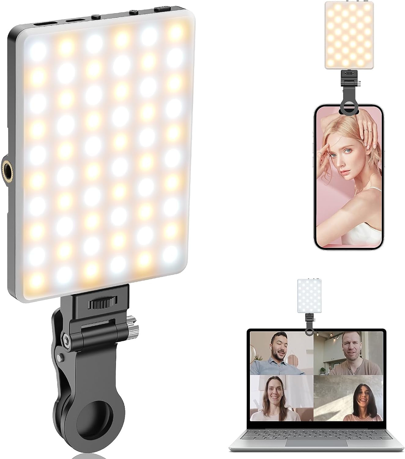 Portable Selfie Light,Rechargable 60 LED Phone Light with Clip & Double 1/4" Screw Hole,2500K-9000K Dimmable Light for Iphone,Android,Laptop,Tablet,Selfie/Video Conference (Black, 60 LED)